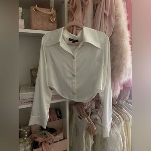 Ivory rhinestone button up satin top shirt